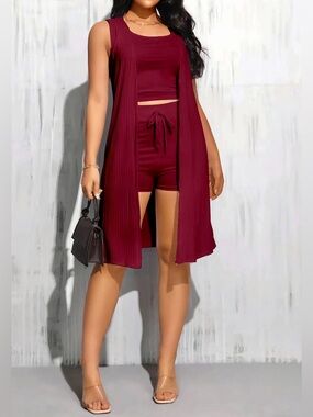 Chic Women’s 3-Piece Lounge Set - Burgundy New Size M